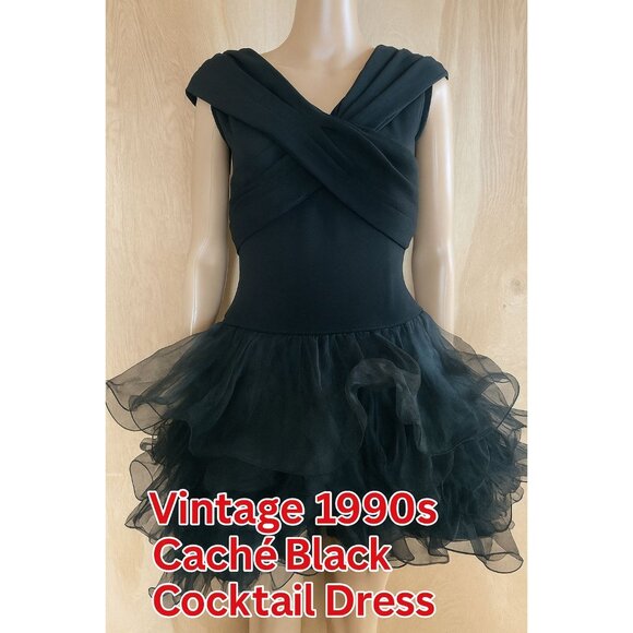 Vintage Retro Cache Black Cocktail Dress Prom Homecoming Ruffle Skirt Sz 4 - Picture 1 of 13